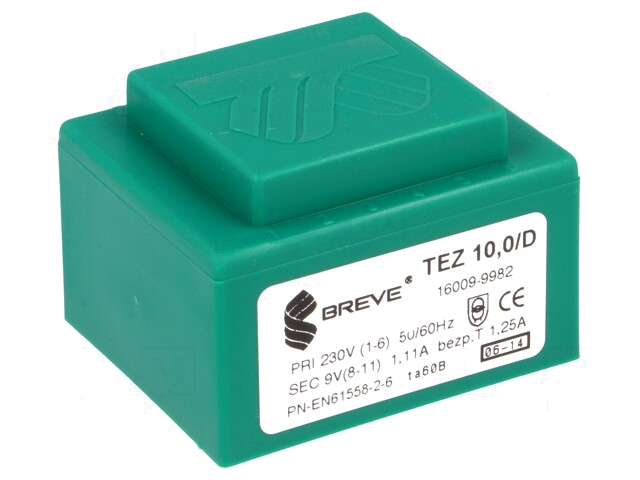 Transformator: ingegoten; 10VA; 230VAC; 9V; 1111,1mA; PCB; IP00 Transformator: ingegoten; 10VA; 230VAC; 9V; 1111,1mA; PCB; IP00